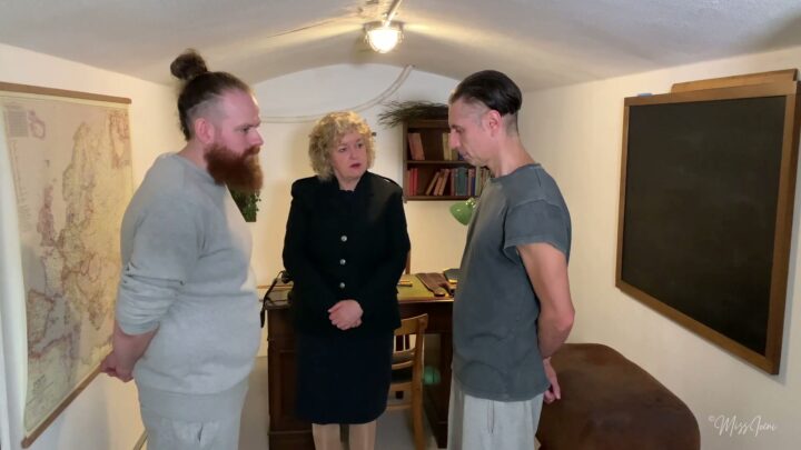 Prison Governess Canes Naughty Boys Together – Miss Iceni