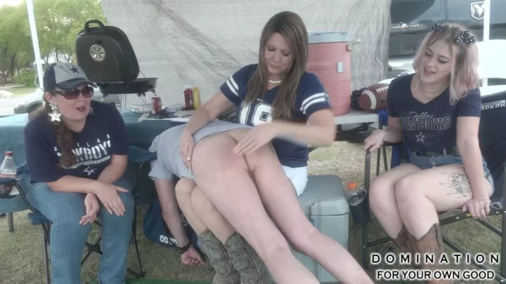 Tailgate Party Tail Beating! Spanked hard on game day by Miss Katherine as step daughter & her friend Claire helps and watches on! — Domination For Your Own Good